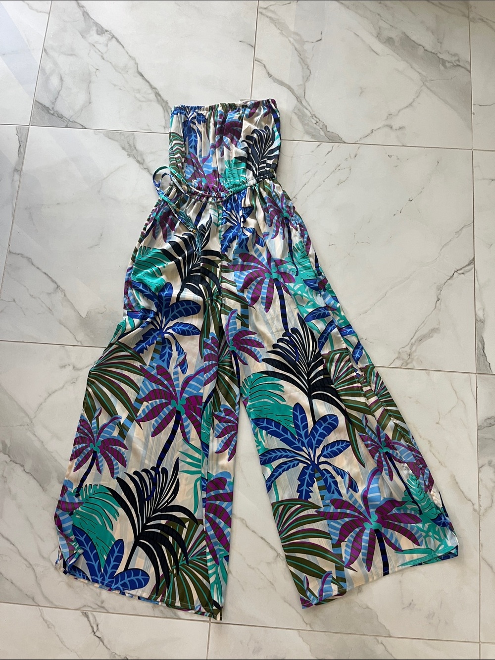 Tropical Wide-Leg Strapless Jumpsuit in Teal & Purple
